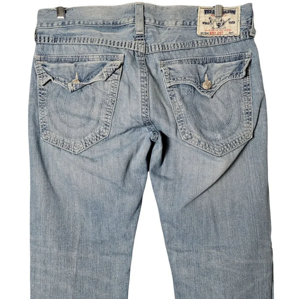 True Religion Mens Y2K Light Wash Boot Cut Flap Pockets Faded Jeans 36 USA